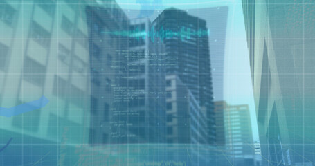 Fototapeta na wymiar Image of 6g text, interface and blue graph lines moving over modern city buildings
