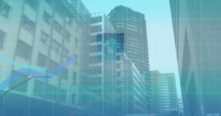 Image of 6g text, interface and blue graph lines moving over modern city buildings