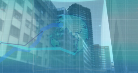 Image of 6g text, interface and blue graph lines moving over modern city buildings