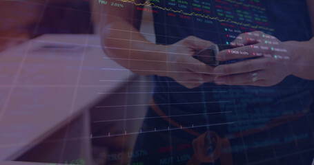 Image of data processing with graph over diverse people paying with smartwatch