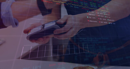 Image of data processing with graph over diverse people paying with smartwatch