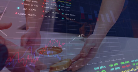 Image of data processing with graph over diverse people paying with smartwatch