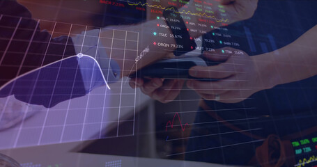 Image of data processing with graph over diverse people paying with smartwatch