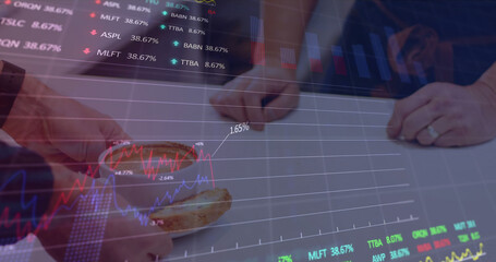 Image of data processing with graph over diverse people paying with smartwatch