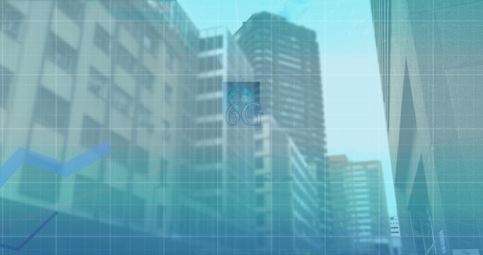 Image of 6g text, interface and blue graph lines moving over modern city buildings
