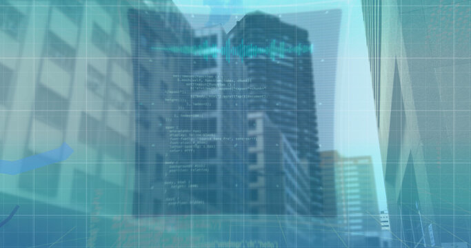 Image of 6g text, interface and blue graph lines moving over modern city buildings