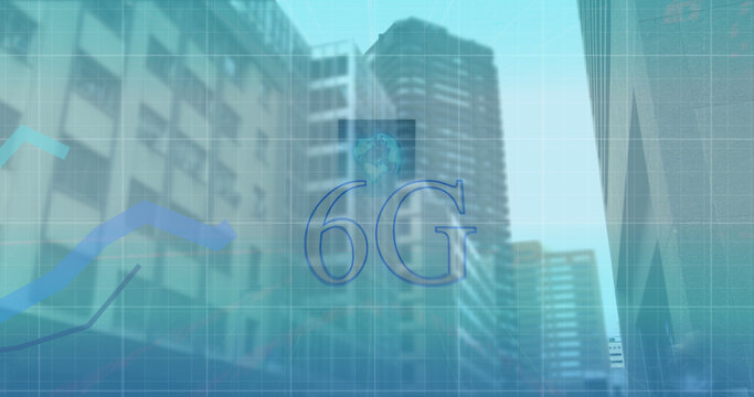 Image of 6g text, interface and blue graph lines moving over modern city buildings