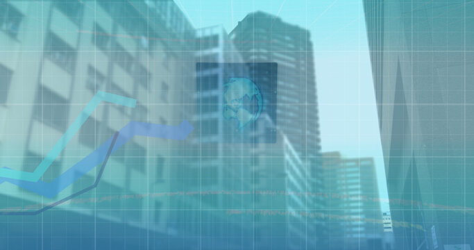 Image of 6g text, interface and blue graph lines moving over modern city buildings - Powered by Adobe