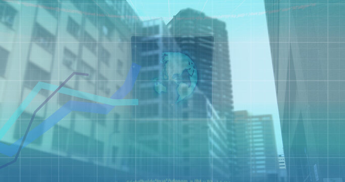 Image of 6g text, interface and blue graph lines moving over modern city buildings