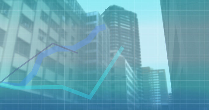 Image of 6g text, interface and blue graph lines moving over modern city buildings