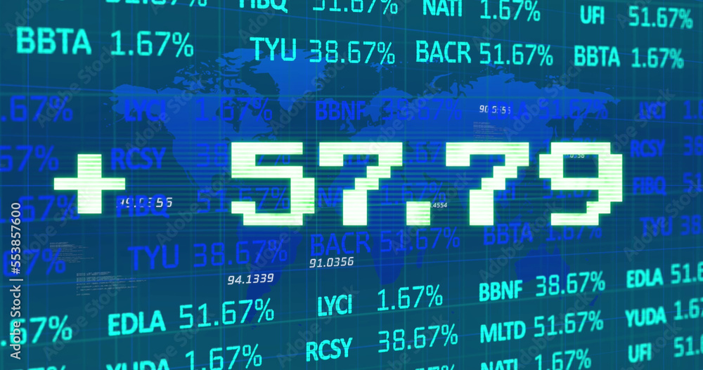 Poster image of addition symbol with numbers and trading board against map over blue background