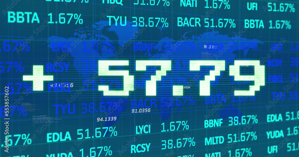 Poster image of addition symbol with numbers and trading board against map over blue background