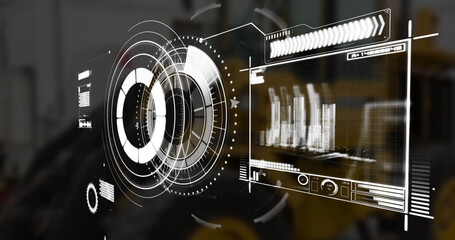 Image of scope scanning and data processing over stock market on black background