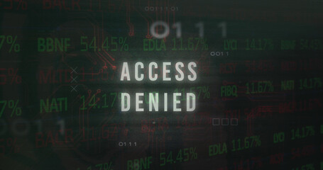 Obraz premium Image of access denied text, x symbol, binary codes, circuit board texture over trading board