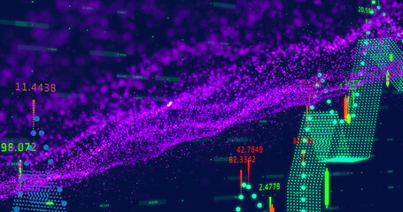 Image of purple wave pattern and green dots forming line graph over trading board