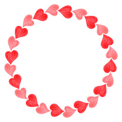 Fototapeta na wymiar Watercolor round frame consisting of red and pink hearts on a transparent backdrop. The high quality romantic clip art for web pages, cards, posters, prints, templates and other, PNG file at 300 dpi.