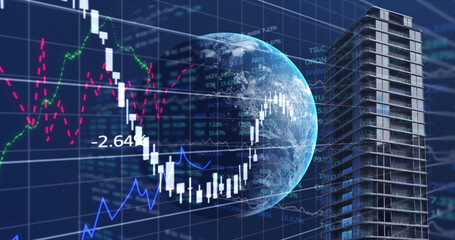 Financial data processing over globe and tall buildings against blue background