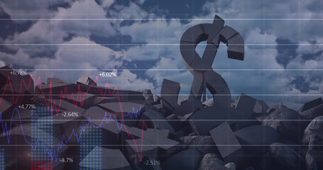 Financial data processing over broken dollar symbol against clouds in the blue sky