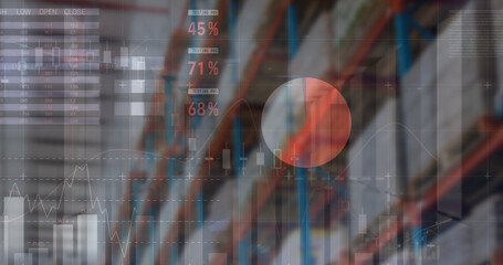 Image of financial data processing over empty warehouse
