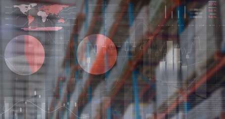 Image of financial data processing over empty warehouse