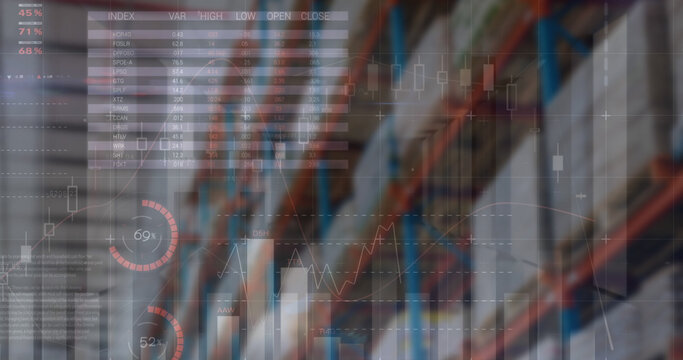 Image of financial data processing over empty warehouse
