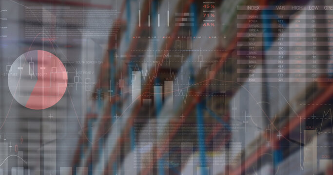 Image of financial data processing over empty warehouse