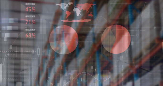 Image of financial data processing over empty warehouse