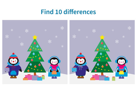 Find 10 differences in the pictures. Cute penguins near the Christmas tree.