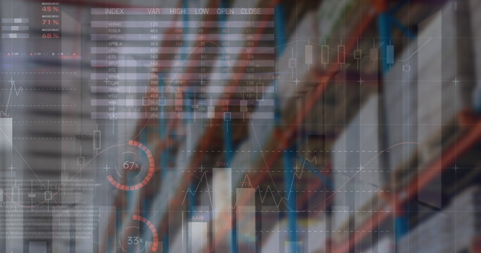 Image of financial data processing over empty warehouse