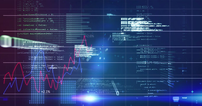 Image of financial data and graphs over navy background - Powered by Adobe