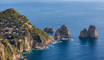 Touristic Town on Capri Island in Bay of Naples, Italy. Sunny Blue Sky.