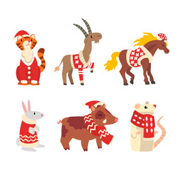 Funny Animal Characters in Christmas Sweater, Scarf and Hat Vector Set