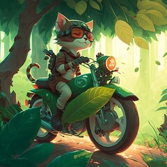 A cat riding a motorcycle in a green forest digital art