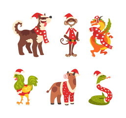 Funny Animal Characters in Christmas Sweater, Scarf and Hat Vector Set