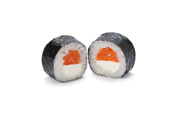 Two round maki rolls with salmon and cheese on a white plate. Japanese food. © Nikita
