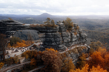 Pravčická brána - natural stone arch formation in national park Czech (Bohemian) Switzerland in Autumn. Czech Republic. Tourism. Nature.