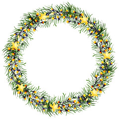 Watercolor WREATH with SPRUCE BERRIES and STARS isolated on transparent background