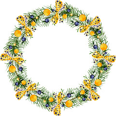 Watercolor WREATH with SPRUCE BALLS and BOWS isolated on transparent background