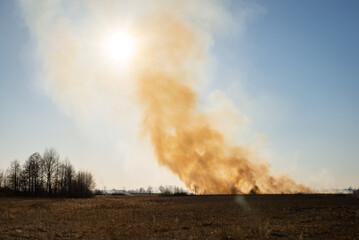 View on spring field, dry grass, orange smoke on horizon. Nature on fire, agricultural damage and...