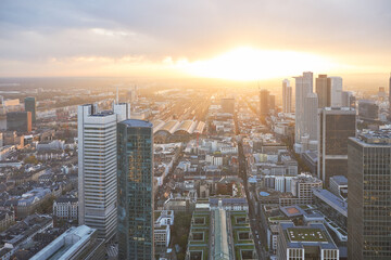 Fototapeta na wymiar Aerial view at sunset of the city of Frankfurt in Germany.
