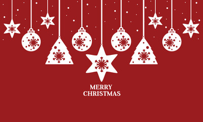 Merry Christmas greeting card. Festive winter background with hanging xmas decorations and snowfall. Vector design of holiday season.
