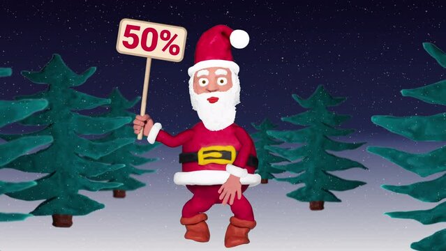 Seamless looping animation of a plasticine Santa Claus with a 50 percent sign walking through a winter landscape including green screen and luma matte 