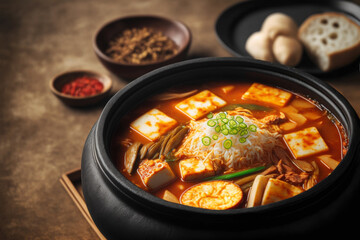 illustration of close up Soondubu Jjigae or tofu soup  - obrazy, fototapety, plakaty
