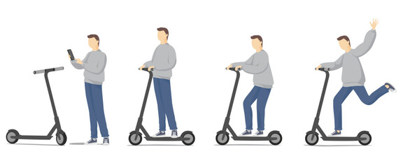Fototapeta na wymiar Set of funny man riding kick scooters. Flat cartoon vector illustration.