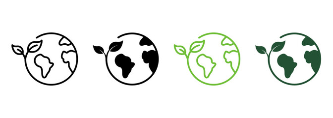Fototapeta Earth Nature Care Line and Silhouette Icon Set. Ecology Planet and Leaf Pictogram. Eco Globe Green World with Plant Symbol Collection on White Background. Isolated Vector Illustration obraz