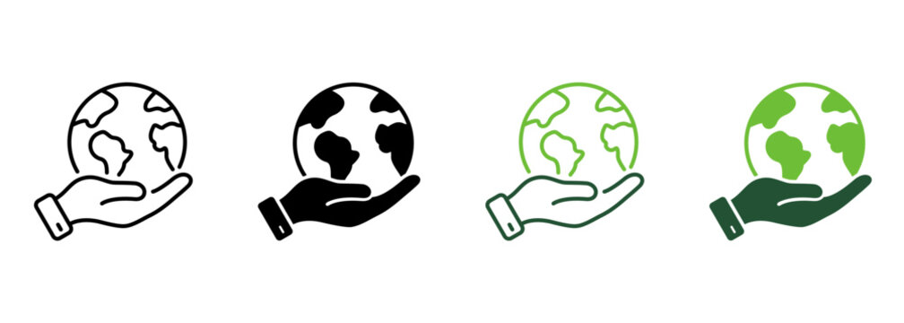 Hand Hold Planet Earth Line and Silhouette Icon Set. Human Protect Environmental Bio Pictogram. Global Peace, Support, Help, Save Symbol Collection on White Background. Isolated Vector Illustration