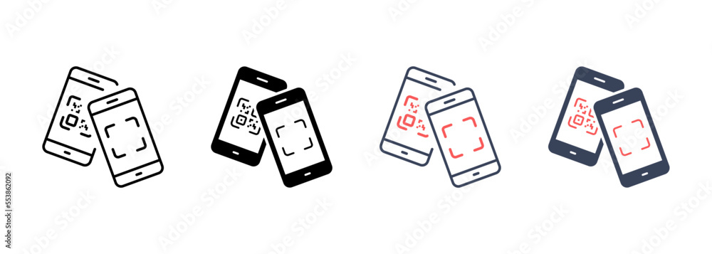 Poster scan qr code on smartphone line and silhouette icon set. payment scanner in mobile phone pictogram. 