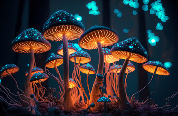 Fantasy enchanted fairy tale forest with magical Mushrooms. Beautiful macro shot of magic mushroom, fungus. Magic light. digital art	 - obrazy, fototapety, plakaty
