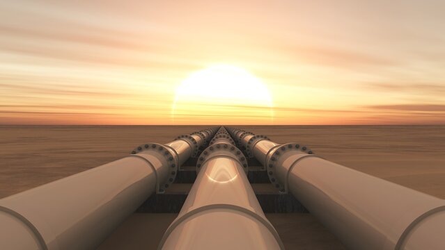 Oil, gas or hydrogen pipelines in desert landscape at sunset