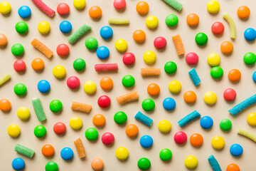 colorful candies as background top view. Seamless pattern with candy. Many sweet candies close-up
